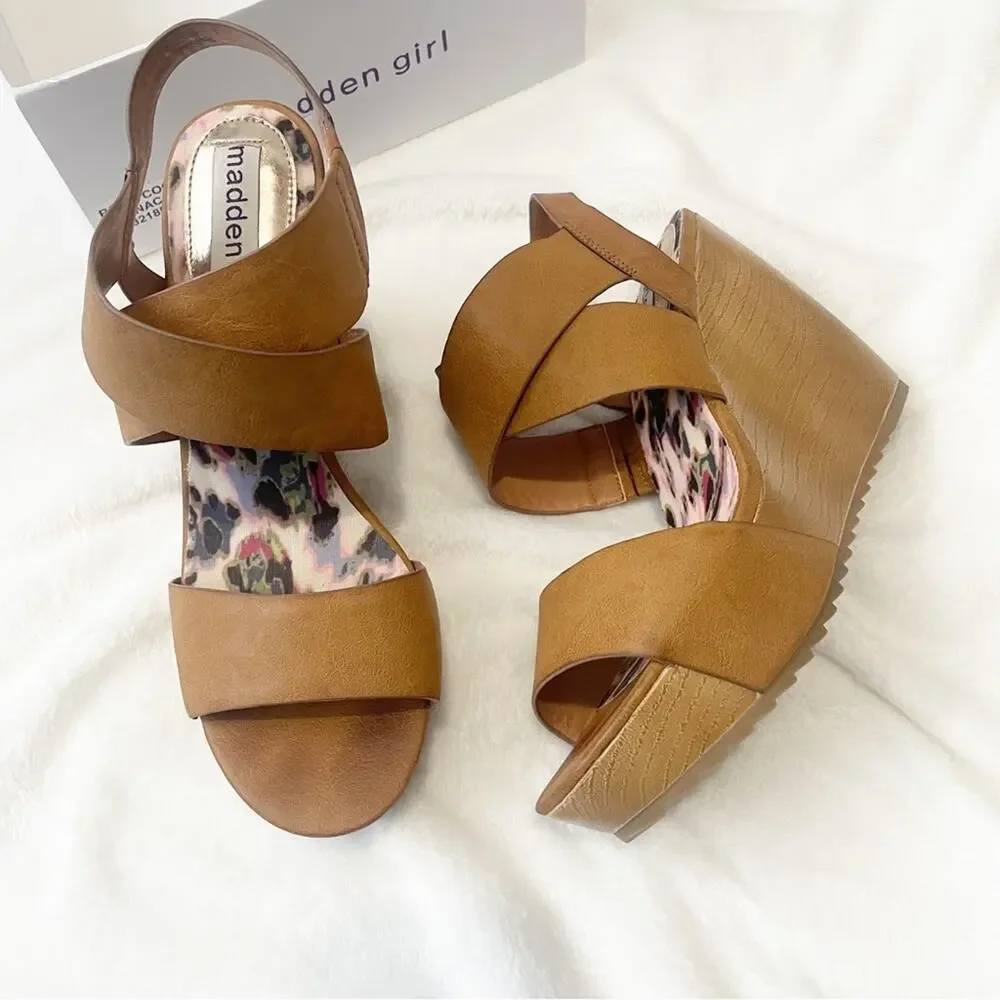 MADDEN GIRL ROME wedge sandal OPEN TOE CASUAL PLATFORM COGNAC size 9 with box